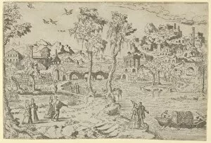 Landscape with ruins, courtiers, and a gondola, 1526-50. Creator: Leon Davent