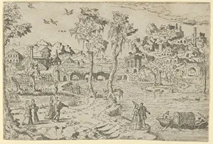 Davent Leon Prints: Landscape with ruins, courtiers, and a gondola, 1526-50. Creator: Leon Davent