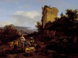 Nicolaes Berghem Prints: Landscape with Ruins and Travelers, 1654. Creator: Nicolaes Berchem