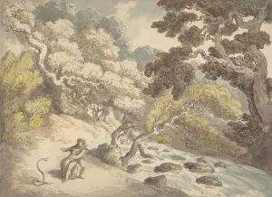 Landscape with rushing stream and a couple on the bank, frightened by a snake, 1775-1827