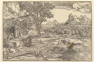 Landscape with Saint Jerome at left looking towards lion and bear fighting at cente