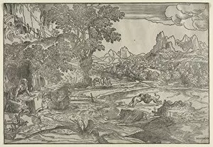 Domenico Campagnola Gallery: Landscape with Saint Jerome and Two Lions, c. 1530-35. Creator: Domenico Campagnola (Italian)