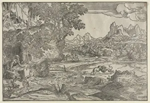 Landscape with Saint Jerome and Two Lions, c. 1530-35. Creator: Domenico Campagnola (Italian