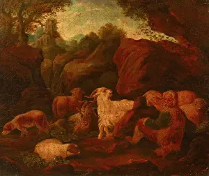Boulder Prints: Landscape with a Shepherd and a Flock, 18th century. Creator: Cajetan Roos