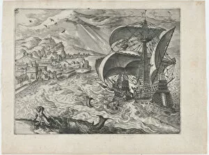 Wave Collection: Landscape with a Ship and Jonah and the Whale, ca. 1570. ca. 1570. Creators: Anon, Lucas Gassel
