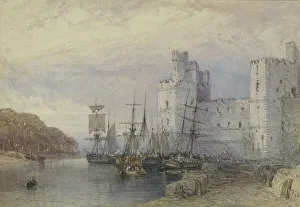 Towers Prints: Landscape with ships in front of Caernarvon Castle, 1883. Creator: William Callow