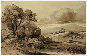 James Robertson Prints: Landscape with Stone Bridge in Foreground and Cows on Hillside