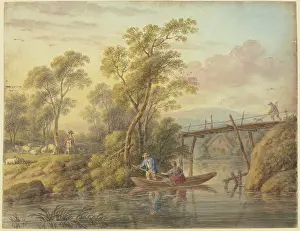 Farm Animal Prints: Landscape with a stream spanned by a wooden bridge