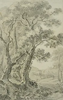 Landscape with tall trees in the foreground, unknown date. Creator: Anon