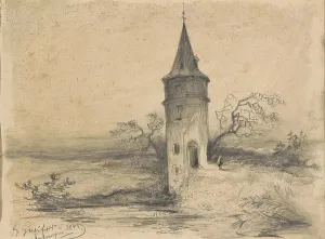 Tavenraat Johannes Prints: Landscape with a tower near Antwerp, 1845. Creator: Johannes Tavenraat