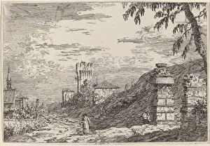 Landscape with Tower and Two Ruined Pillars, c. 1735 / 1746. Creator: Canaletto