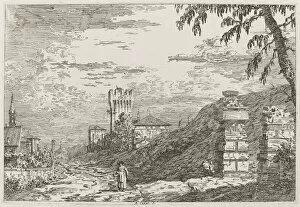 Landscape with Tower and Two Ruined Pillars [left], c. 1735 / 1746. Creator: Canaletto