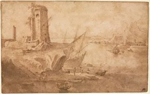 Framing Lines In Graphite Prints: Landscape with Tower at Seashore, 1600-1614(?). Creator: Filippo Napoletano (Italian, c