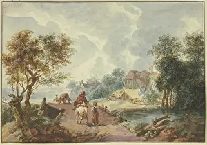 Landscape with trees, a path leading over a bridge in the foreground, late 18th century. Creator: Gottlieb Welte