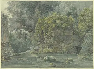 Overgrown Prints: Landscape with trees and a ruined building by a stream, 18th century. Creator: Unknown