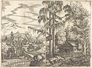 Lautensack Hanns Prints: Landscape with View of a Farmers Cottage and a Town near a River, 1551