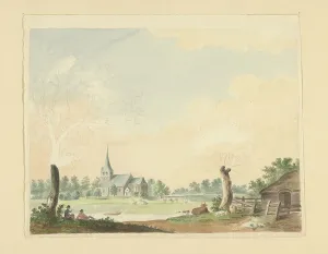 Landscape with a view of pasture on a church, 1700-1800. Creator: Anon