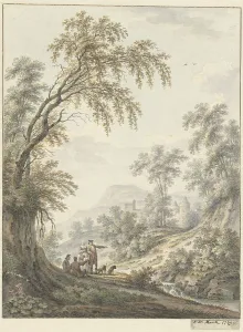 Cascade Prints: Landscape with a waterfall and a castle in the distance