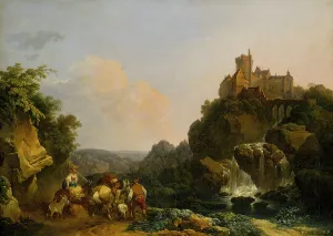 Philip Jacques De Loutherbourg Prints: Landscape with Waterfall, Castle and Peasants, 1767. Creator: Philip James de Loutherbourg