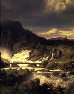 Erik Prints: Landscape with waterfall in Norway, oil on canvas by Erik Bodom