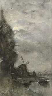 Maris Jacob Henricus Prints: Landscape with a windmill by moonlight, 1847-1899. Creator: Jacob Henricus Maris