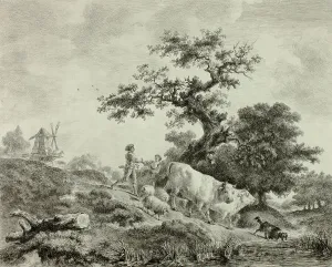 Denon Dominique Vivant Baron Prints: Landscape with Windmill, Young Man and Girl, and Two Oxen, n.d. Creator: Vivant Denon