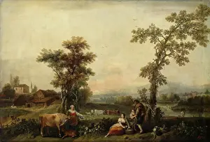 Farm Animal Prints: Landscape with a Woman Leading a Cow, 1774. Creator: Francesco Zuccarelli