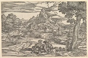 Campagnola Gallery: Landscape with a woman seated next to a man playing a hurdy-gurdy, ca. 1540