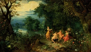 Nymph Gallery: A landscape with wood; Diana offers a hare to a nymph; Silenus and Ceres in foreground, c1614