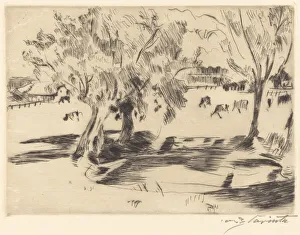 Drypoint In Black On Laid Paper Prints: Landschaft mit Kühen (Landscape with Cows), 1917. Creator: Lovis Corinth