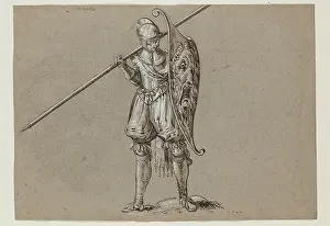 Brown Ink Prints: Landsknecht with Shield and Pike, 1624. Creator: Herman Breekerveld
