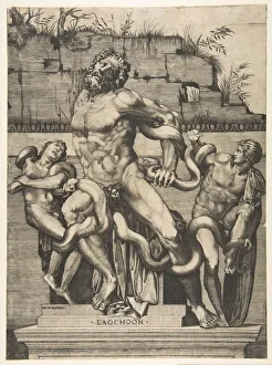 Monster Prints: Laocoon and his sons being attacked by serpents, ca. 1515-27. Creator: Marco Dente