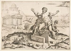Marco Dente Gallery: Laocoon and his two sons being attacked by serpents upon a pedestal, a temple to Mi