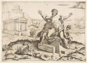 Monster Prints: Laocoon and his two sons being attacked by serpents upon a pedestal, a temple to Mi
