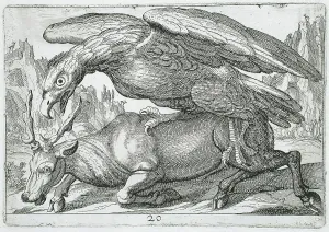 Hendrick Hondius I Prints: A Large Bird Attacking a Stag, 1610. Creator: Hendrick Hondius I