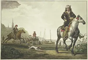 Neo Classical Prints: A large crowd sits by the ships on the bank of a river; a richly dressed rider with a turban