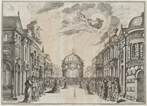 A large gathering of people in the street as a goddess races across the sky in a chariot l... 1674