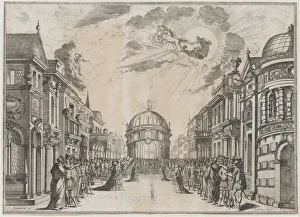 Kusel Mathaus Prints: A large gathering of people in the street as a goddess races across the sky in a chariot l