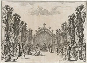 A large group gathered in a courtyard before a domed structure; musicians play at left; se... 1674