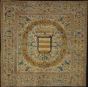 Escutcheon Prints: Large Hanging with Crown and Escutcheon, Peru, c. 1700. Creator: Unknown