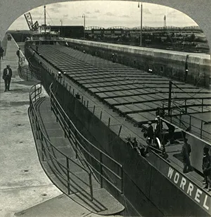 Large Iron Ore Boat Coming into Sabin Locks. Sault Ste. Marie, Mich. c1930s. Creator: Unknown