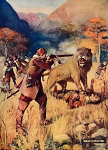 Settlers Prints: A Large Lion sprung upon one of the Men, 1909. Artist: Joseph Ratcliffe Skelton