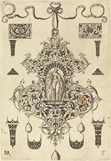 Mignot Daniel Prints: Large Pendant, Charity Standing at Centre, 1593. Creator: Daniel Mignot