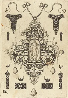 Mignot Daniel Prints: Large Pendant, Justice Standing at Centre, 1593. Creator: Daniel Mignot