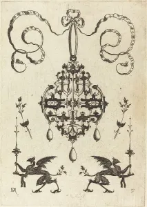 Mignot Daniel Prints: Large Pendant, Lower Left and Right Two Griffins Carrying Fantasy Candlesticks