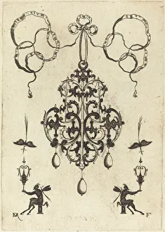 Mignot Daniel Prints: Large Pendant, Lower Left and Right Two Winged Devils Sitting on Pedestals
