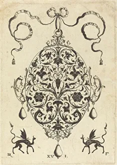 Mignot Daniel Prints: Large Pendant, Upright Oval with Floral Ornament, 1596. Creator: Daniel Mignot