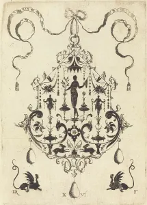 Les Lapins Prints: Large Pendant, Victory Flanked by Two Herms at Centre, 1596. Creator: Daniel Mignot