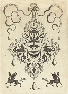 Mignot Daniel Prints: Large Pendant, Winged Fantasy Creature Holding Two Snakes, 1596. Creator: Daniel Mignot