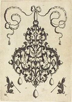 Trumpets Prints: Large Pendant, Two Winged Fantasy Creatures with Trumpets at Bottom